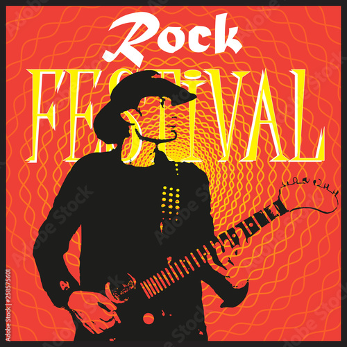 Printvector image of poster of american country rock music festival with guitar player playing guitar on bright textures