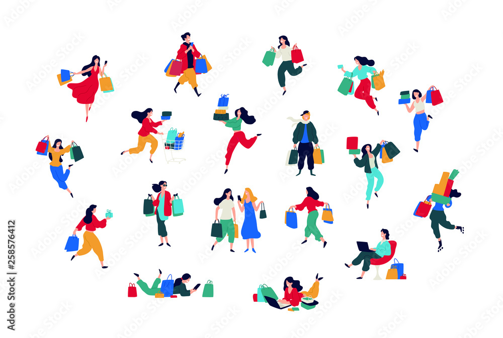 Illustration of people with purchases. Vector. Men and women bought things. Discounts and sales in retail networks. Flat cartoon style. Black Friday. Consumers. Order and delivery.