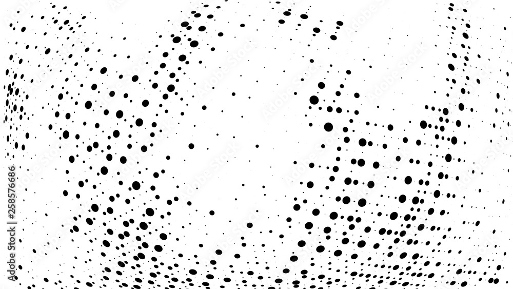 Halftone gradient pattern. Abstract halftone dots background. Monochrome dots pattern. Vector halftone texture. Radial twisted circle. Grunge texture. Pop Art, Comic small dots. Wave dots, 3D sphere