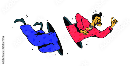 Illustration of a flying man through a hole or portal. Vector. Linear black and white drawing. Businessman passes through space. Hipster is flying on a white background. Teleportation.