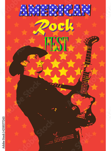 Printvector image of poster of american country rock music festival with guitar player playing guitar on bright textures