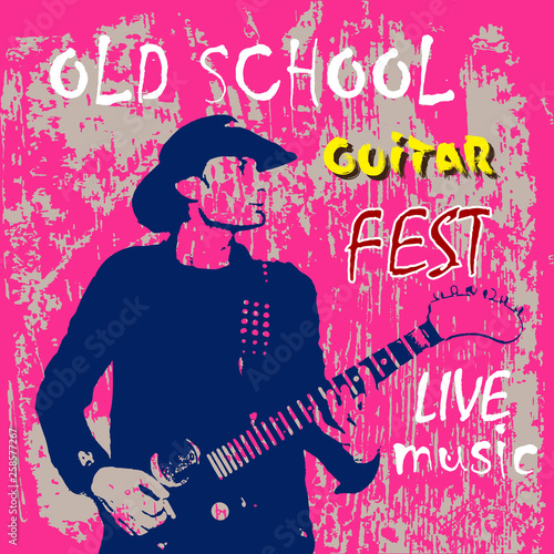 Printvector image of poster of american country rock music festival with guitar player playing guitar on bright textures