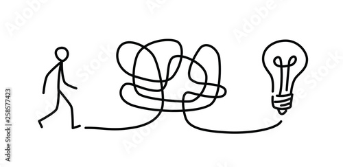 Illustration of a man walking through a maze to a light bulb. Vector. Labyrinth is like a brain. Metaphor. Linear style illustration for website or presentation. Solving problems in life. Search exit.