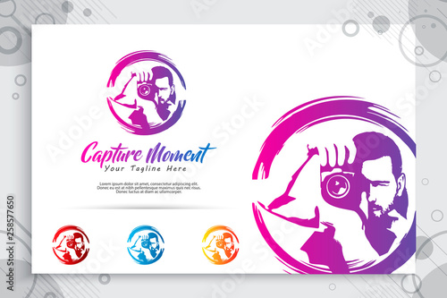 silhouette photography vector logo , illustration of abstract photographer holding lens as a symbol icon of photography service your special moment