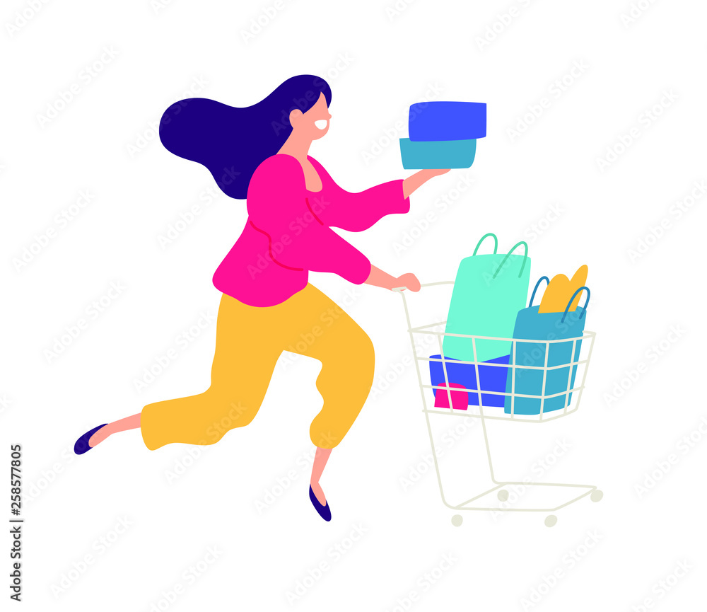 Illustration of a girl with shopping. Vector. Positive flat illustration in  cartoon style. Discounts and sales. Shopaholic shopping. Online sales.  Purchaser of goods. Stock Vector | Adobe Stock