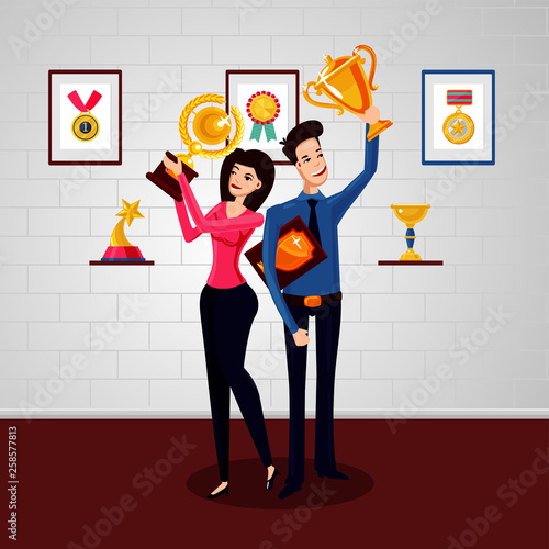 Win team. Successful businessman with award winner cup. Leader group of worker.