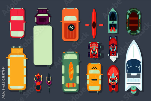 Transport icon set. Top view of cars, bikes and boats. Flat cartoon style. Vector signs collection.