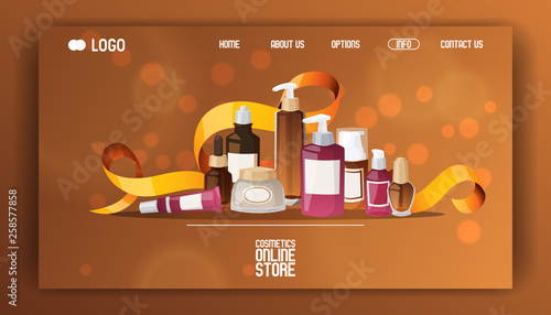 Eco cosmetic product vector web page skincare bio cream bottle template and tube container mockup for ecological cosmetology illustration backdrop of branded lotion package web landing-page background