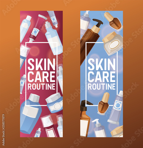 Cosmetic product vector skincare cream bottle template and tube or container mockup for cosmetology illustration backdrop set of branded lotion package banner background