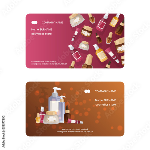 Cosmetic product vector business card skincare cream bottle template and tube or container mockup for cosmetology illustration backdrop set of branded lotion package business-card background