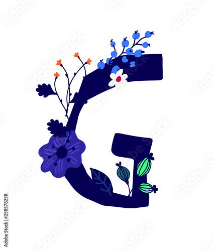 Illustration of the letter G in plants and flowers. Vector. Monogram for banner, greeting card. Composition of bouquets and plants, herbarium. Cartoon style. The image of summer and spring. Pattern fo