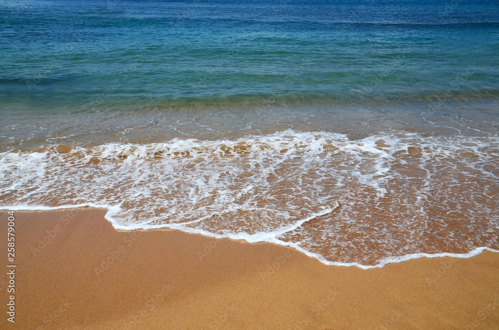 Summer background with turquoise ocean water and golden sand on tropical beach. Sea waves.Vacation,relax or travel concept with copy space. Summer background with turquoise ocean water and golden sand on tropical beach. Sea waves.Vacation,relax or travel concept with copy space.