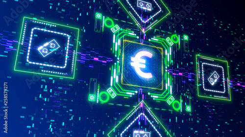 Future of Europe currency concept 3d render. Digital glitch background