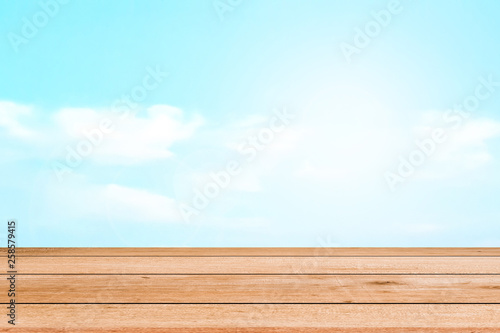 abstract beauty cloudscape on sunny day in soft pastel color tone scene landscape with wood deck background for spring and summer season concept