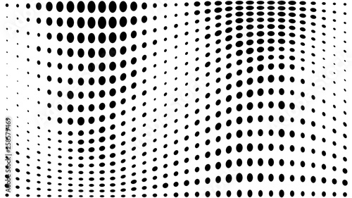 Halftone gradient pattern. Abstract halftone dots background. Monochrome dots pattern. Vector halftone texture. Grunge texture. Pop Art, Comic small dots. Wave twisted dots. Template for cover, banner