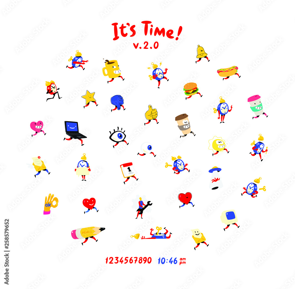 Fun friendly characters. Vector. Icons for watches, alarm clocks, mugs, eyes and hearts for social networks. Like and dislike. Time and mode of operation. Time is over. Fast food discovery. 