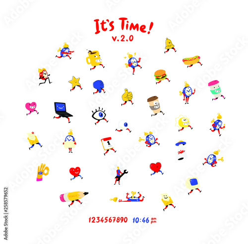  Fun friendly characters. Vector. Icons for watches, alarm clocks, mugs, eyes and hearts for social networks. Like and dislike. Time and mode of operation. Time is over. Fast food discovery.  © ae