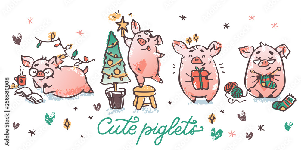 Fototapeta premium Christmas piglets vector set