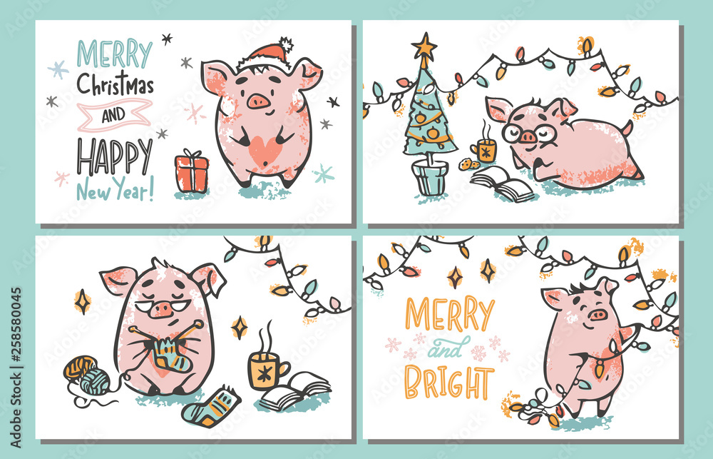 Fototapeta premium Christmas vector cards set with piglets and lettering