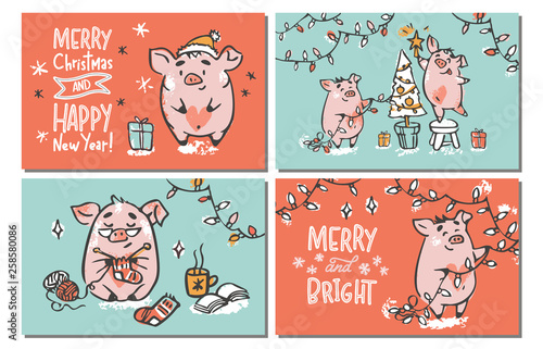 Christmas vector cards set with piglets and  lettering