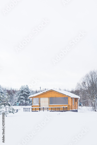 A typical suburban two-storey wooden house, the cottage near the forest in winter © Viktoriya09