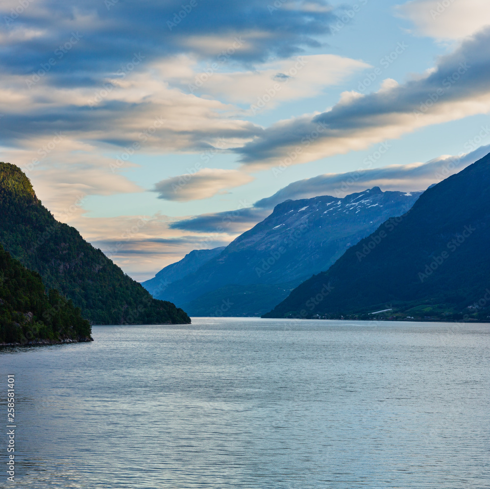 Evening Hardangerfjord fiord landscape, Norway.
