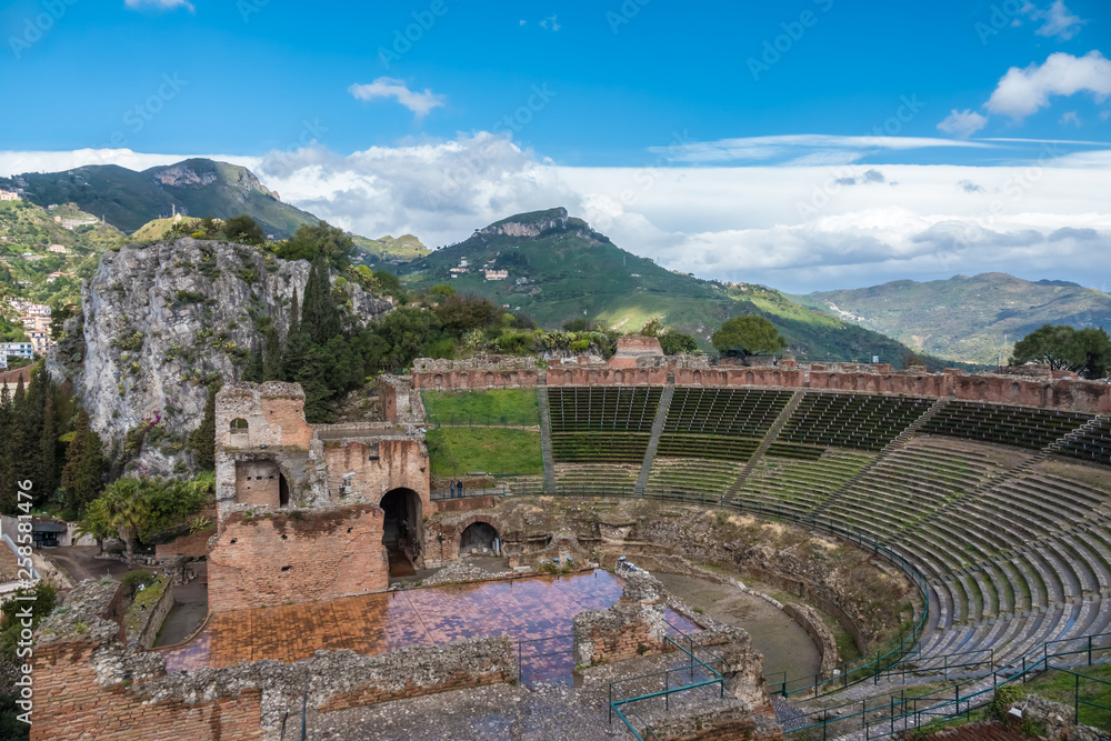 Ruins of Ancient Greek Theater of Taormina (Tauromenion in Greek), Metropolitan area of Messina, Eastern Sicily, Italy. Founded by Greek colonists from Naxos