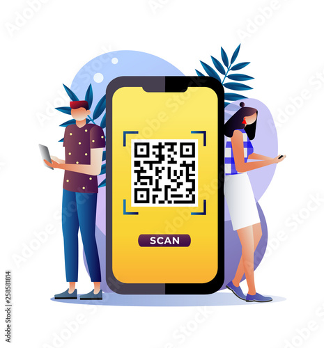 QR code scanning vector illustration concept, people use smartphone and scan QR code for payment and everything, can use for landing page template, ui, web, mobile app, poster, banner, flyer 