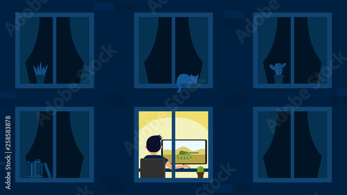 A man is playing a game on a computer at night. Military video game. At the window are plants in pots. The cat is sleeping. Flat vector illustration.