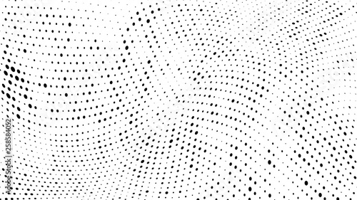 Halftone gradient pattern. Abstract halftone dots background. Monochrome dots pattern. Vector halftone texture. Radial twisted circle. Grunge texture. Pop Art, Comic small dots. Wave twisted dots.