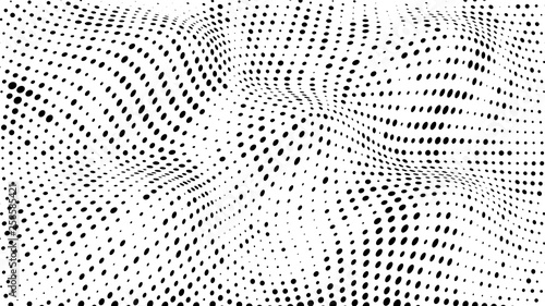 Halftone gradient pattern. Abstract halftone dots background. Monochrome dots pattern. Vector halftone texture. Grunge texture. Pop Art, Comic small dots. 3d grid, Wave twisted dots. Design elements