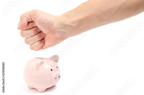 Male fist wants to smash pink piggy Bank on white background.