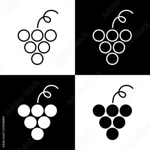 Flat monochrome grape icon set for web sites and apps. Minimal simple black and white grape icon set. Isolated vector grape icon set for various projects.