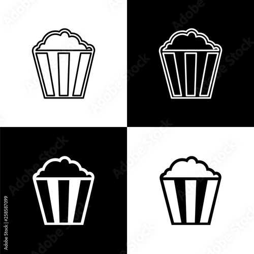 Flat monochrome popcorn icon set for web sites and apps. Minimal simple black and white popcorn icon set. Isolated vector popcorn icon set for various projects.