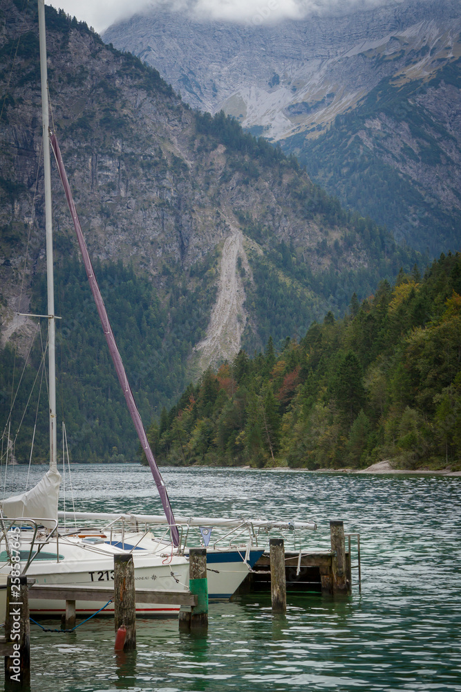 Lake Plansee. Austria. Yacht pier the backdrop of the Alps