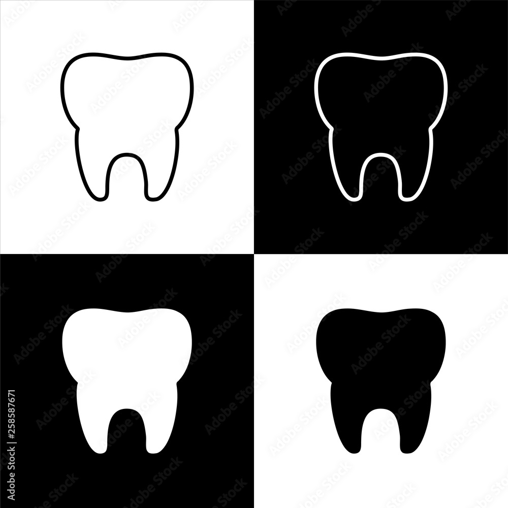 Flat monochrome tooth icon set for web sites and apps. Minimal simple black and white tooth icon set. Isolated vector tooth icon set for various projects. Flat monochrome tooth icon set for web sites and apps. Minimal simple black and white tooth icon set. Isolated vector tooth icon set for various projects.