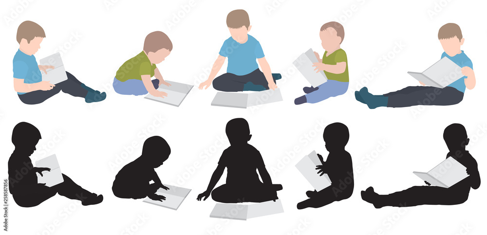 Set of boys reading book and silhouette. Vector illustration.