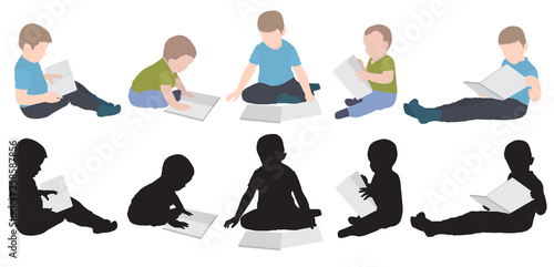 Set of boys reading book and silhouette. Vector illustration.