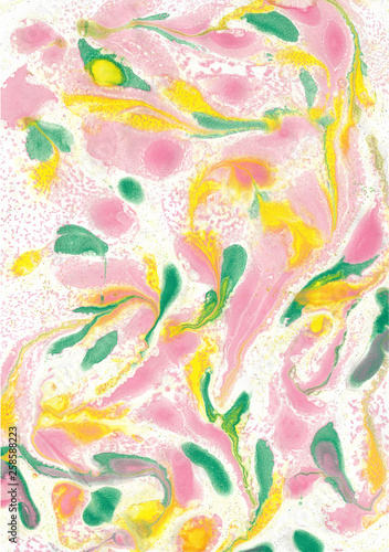 Abstract seamless pattern of paint stains handmade by marbling technique. Pink, yellow, green stains and drops.
