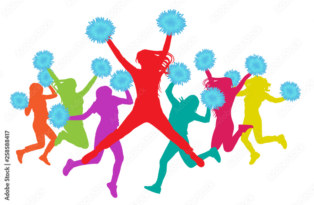 Jumping girls with pompoms (cheerleaders) silhouette colorful. Vector illustration