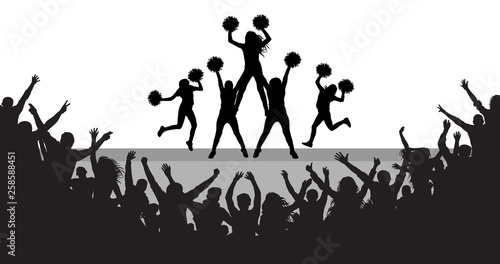 Cheerleaders on the scene and applauding crowd silhouette, vector illustration.