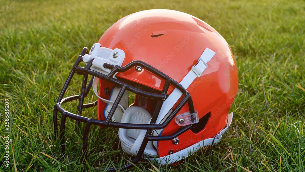American football helm auf spielfeld grüner wiese American football helm auf spielfeld grüner wiese