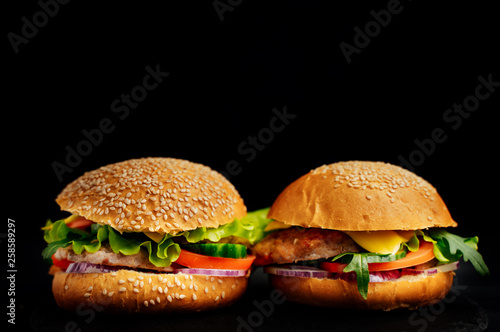 Two fresh tasty sandwiches isolated on black background. Mouth-watering delicious burgers. Close-up