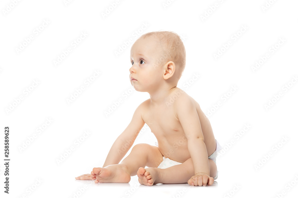 Baby sitting smiling isolated on white. Cute infant. Hello concept. Infant baby posing Baby sitting smiling isolated on white. Cute infant. Hello concept. Infant baby posing