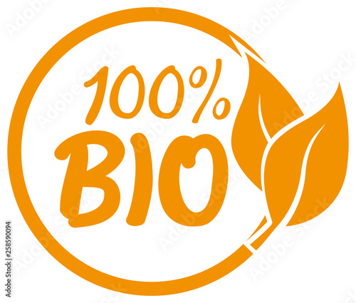 round orange 100 percent Bio label or rubber stamp print with leaves on white background