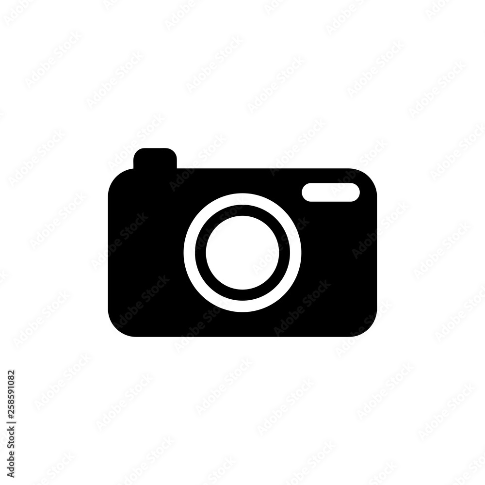 Flat line monochrome camera silhouette for web sites and apps. Minimal simple black and white camera silhouette. Isolated vector black camera silhouette on white background.