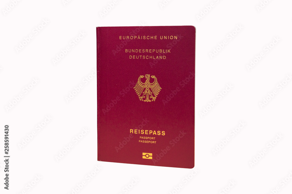 German biometric passport isolated on white background. Inscription - European Union, Federal Republic of Germany, Passport. Border crossing, travel, immigration German biometric passport isolated on white background. Inscription - European Union, Federal Republic of Germany, Passport. Border crossing, travel, immigration