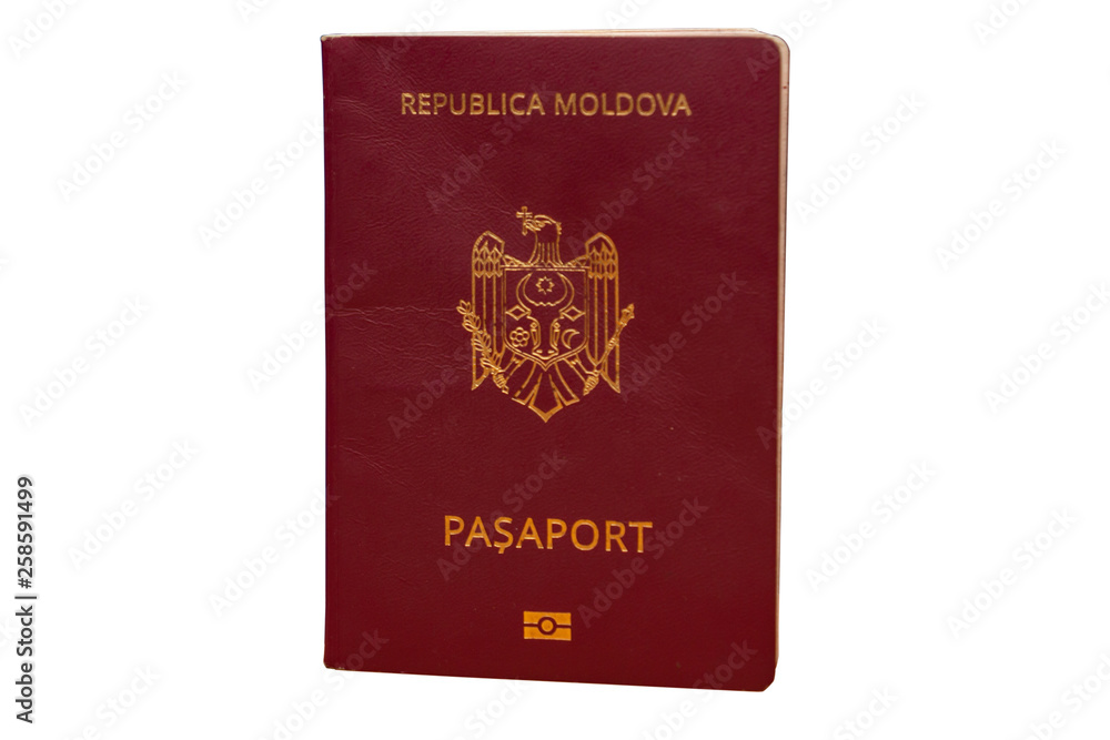 Red biometric passport of citizens of the Republic of Moldova, isolated on white background. Inscription - Republic of Moldova, Passport Red biometric passport of citizens of the Republic of Moldova, isolated on white background. Inscription - Republic of Moldova, Passport