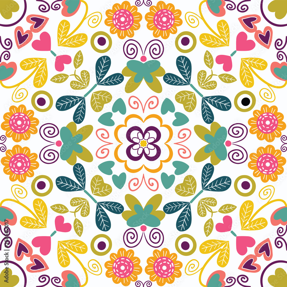 Seamless pattern with symmetrical floral motifs. Folk art style. Great for fabric, wrapping paper, pacckaging, Invitations.