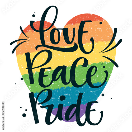 Gay Pride text Love Peace Pride on colorful gay rainbow heart background